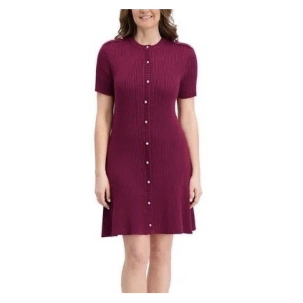 French Connection Women's Mini Sweater Dress Wine Small Button-Up